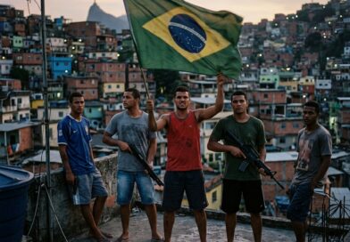 Integrantes de facções criminosas com fuzis ostentando a bandeira do Brasil em favela