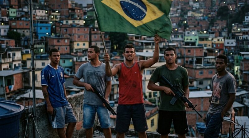 Integrantes de facções criminosas com fuzis ostentando a bandeira do Brasil em favela